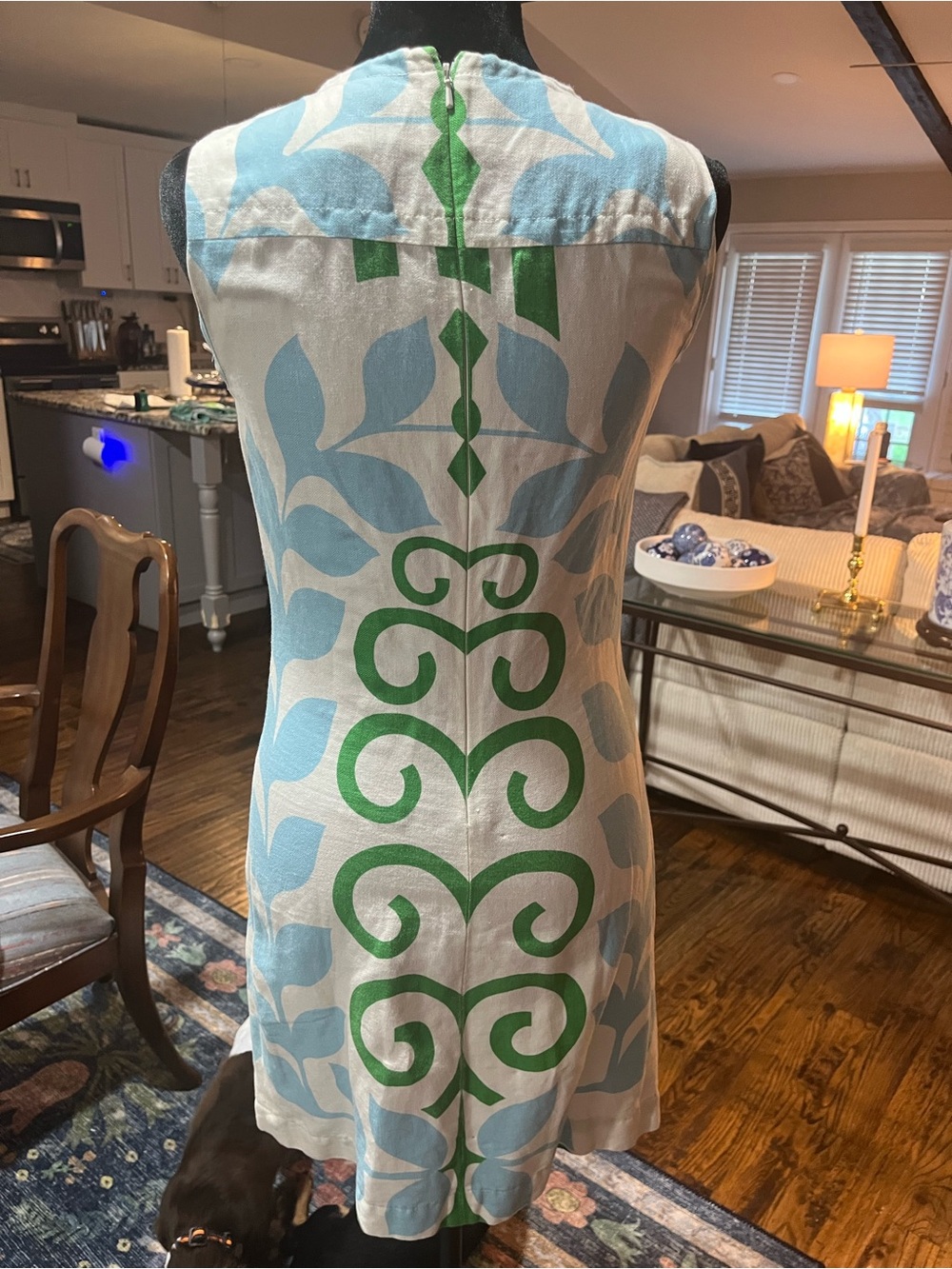 Tory Burch Cream Shift Dress with Green Scroll & Light Blue Leaf Print - Picture 3 of 4